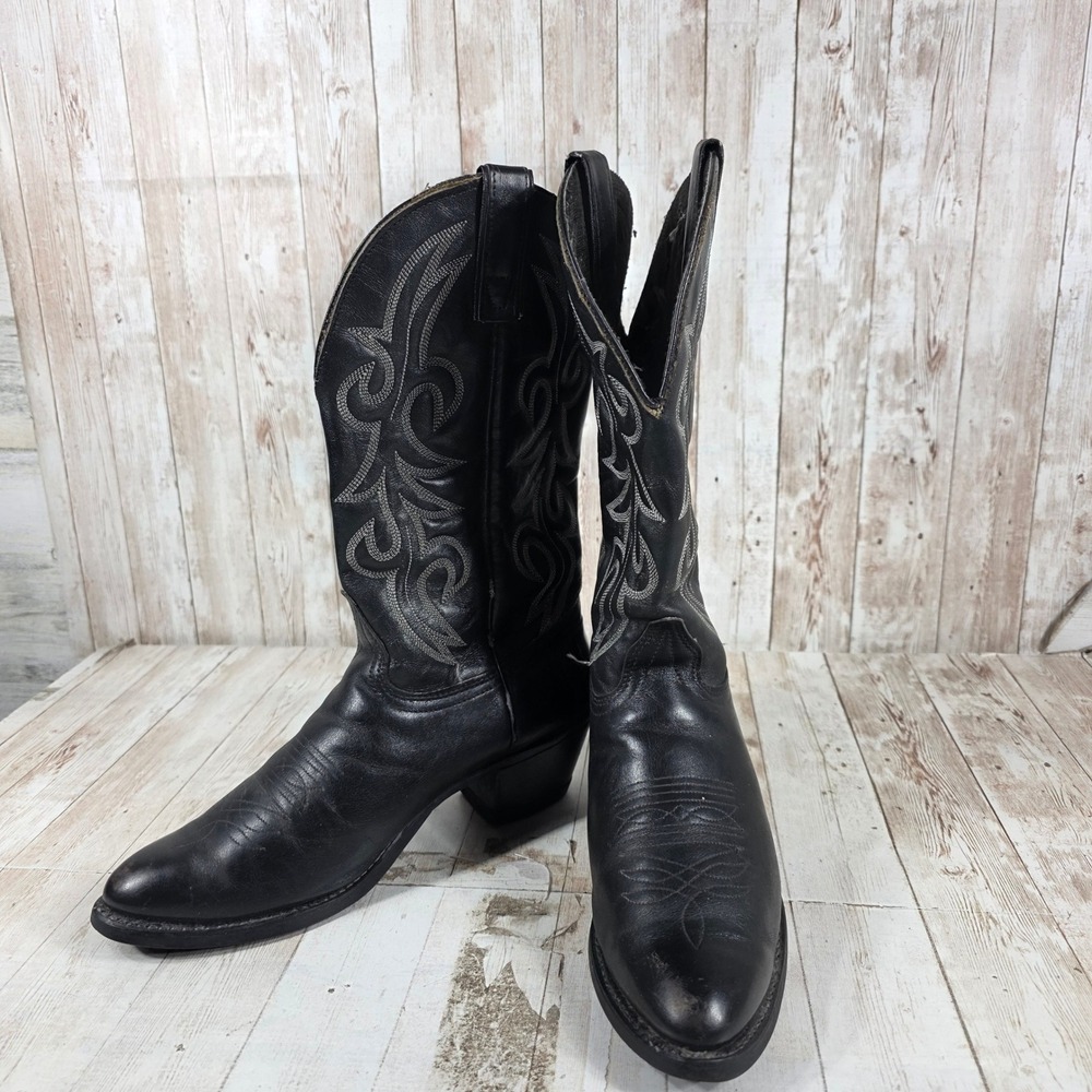Womens Black Leather Western Cowboy Boots Contrast Stitch Pointed Toe Pull On - Picture 5 of 8